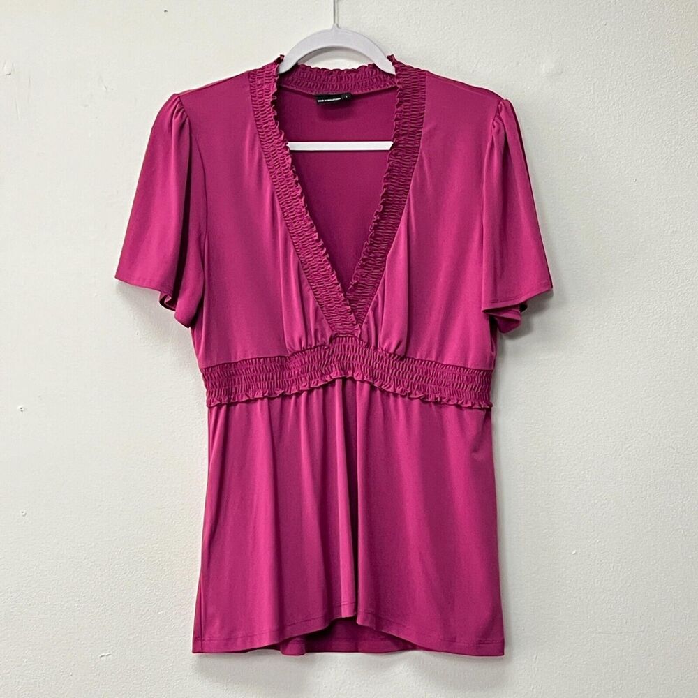 BCBG Women's Pink Flutter Ruffle Bodydoll Top V-Neck Blouse Size Large